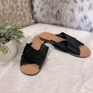 Topshop Criss Cross Faux Black Leather Slide Sandals Sz 37